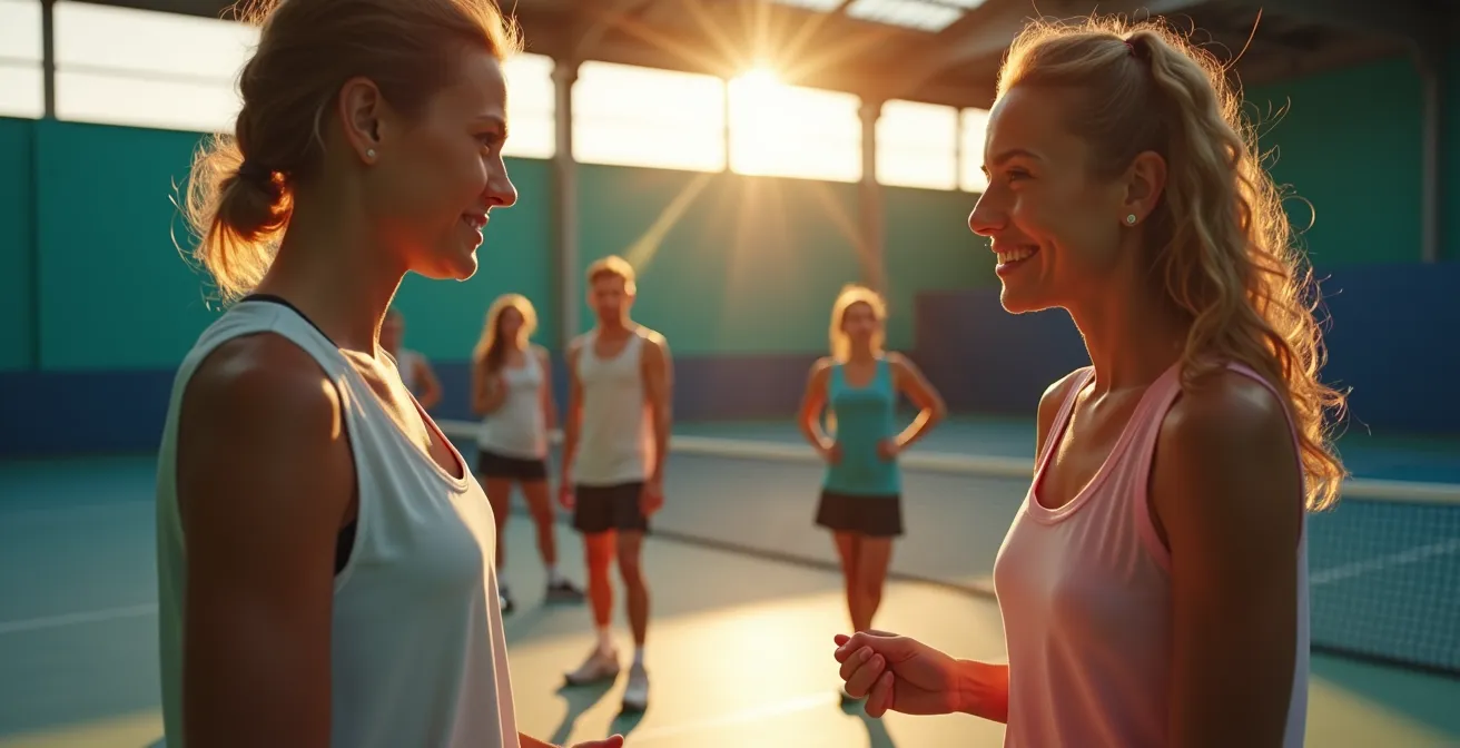 Photo en intérieur d'un cours d'initiation au padel avec un coach et des débutants