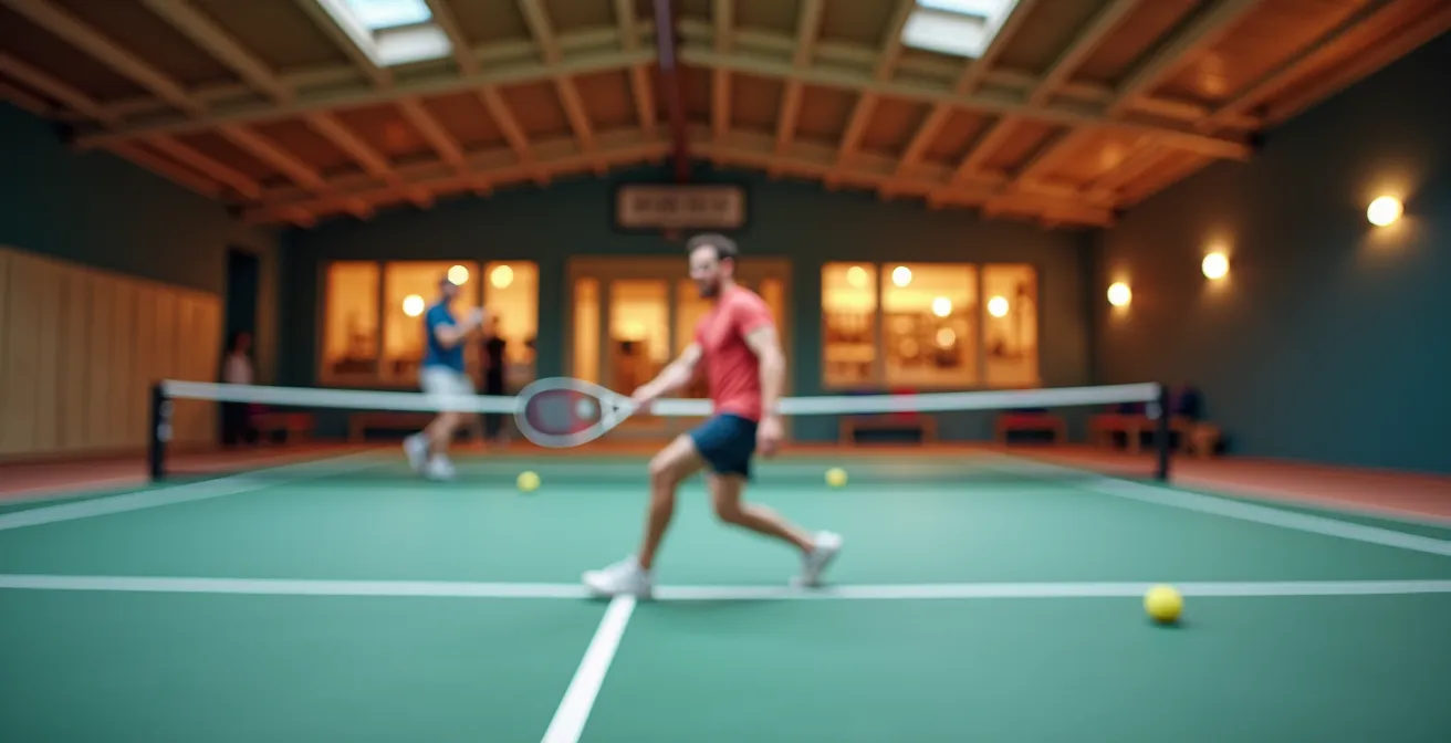 Vue intérieure d'un court de padel avec ambiance chaleureuse et players en action dans un club de Toulouse