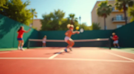 Photo artistique d'un terrain de padel en extérieur à Toulouse avec des joueurs en action sous une lumière naturelle