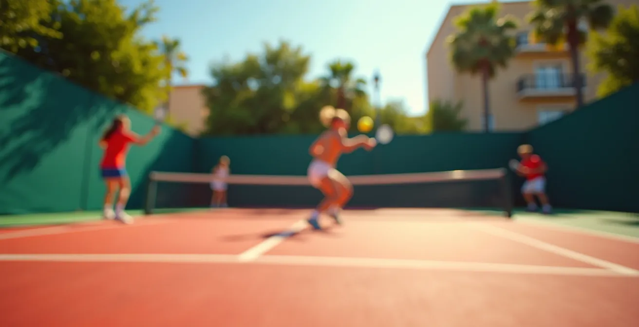 Photo artistique d'un terrain de padel en extérieur à Toulouse avec des joueurs en action sous une lumière naturelle