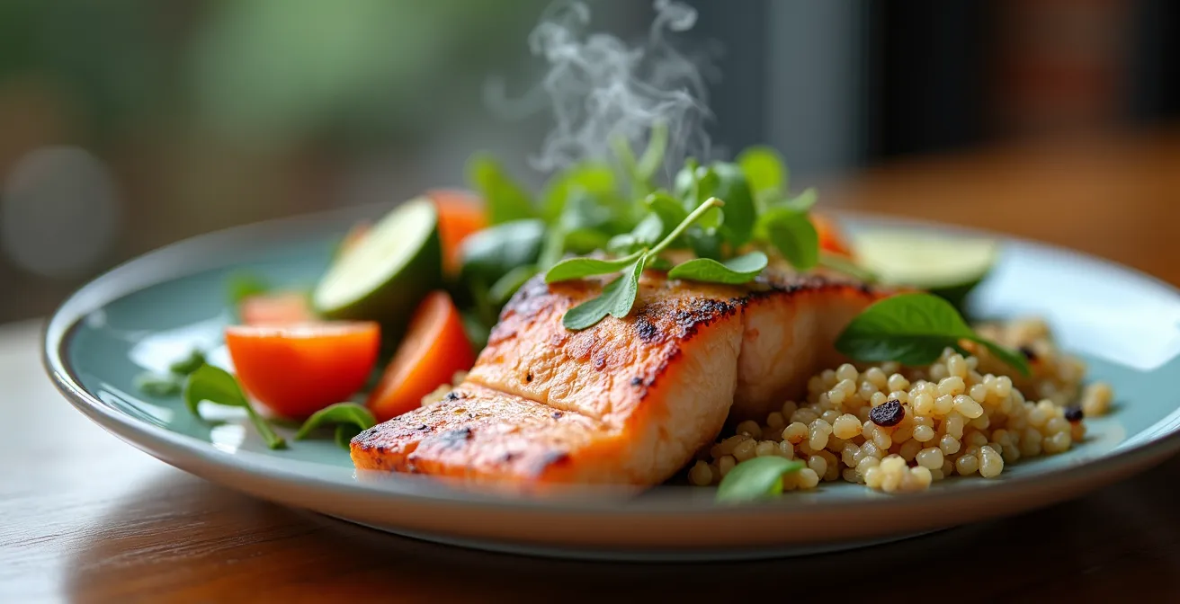 Assiette équilibrée avec aliments frais et colorés adaptés aux besoins nutritionnels des sportifs