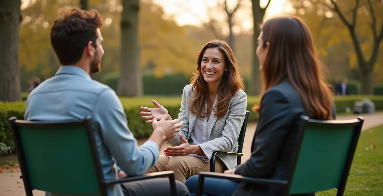 Professionnels en réunion informelle dans le jardin du Luxembourg