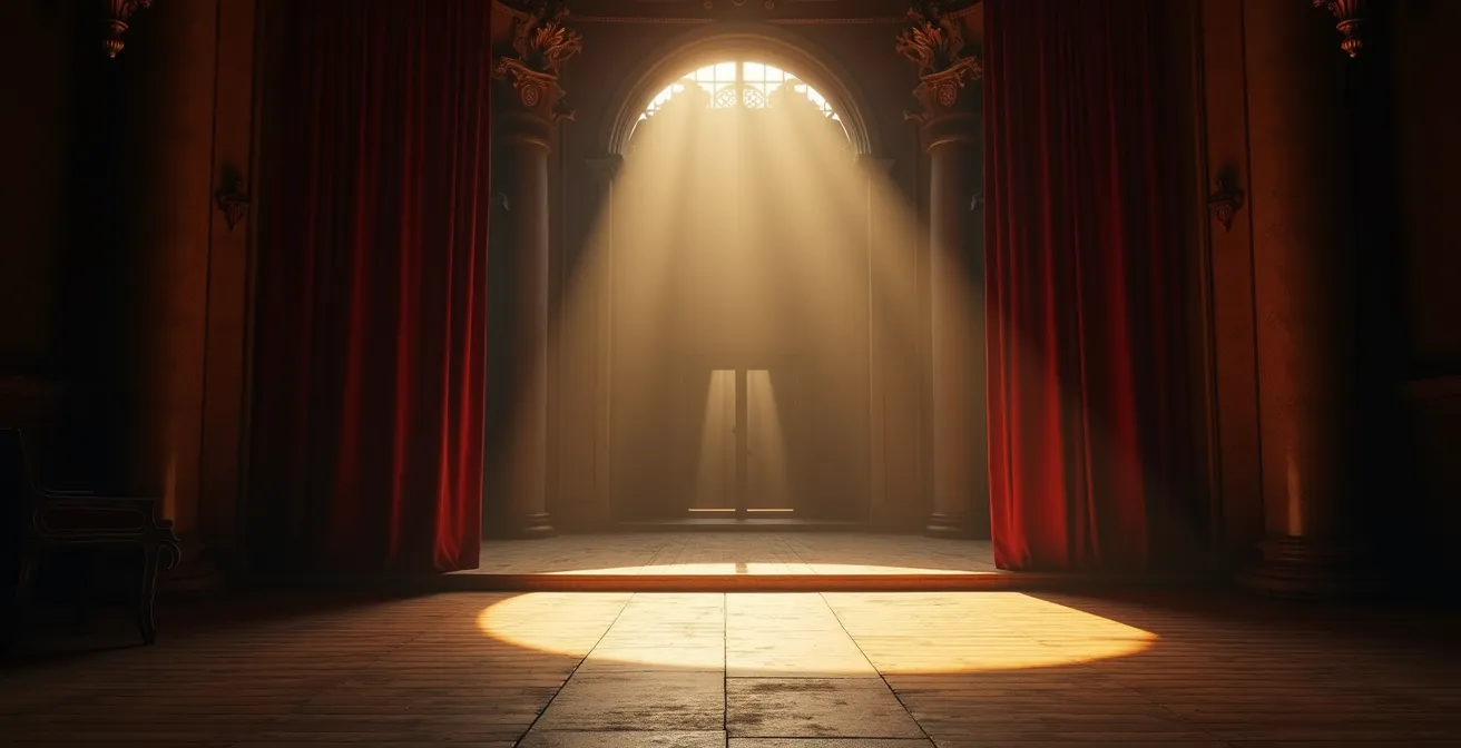 Espace théâtral vide avec jeux d'ombres et lumières dramatiques