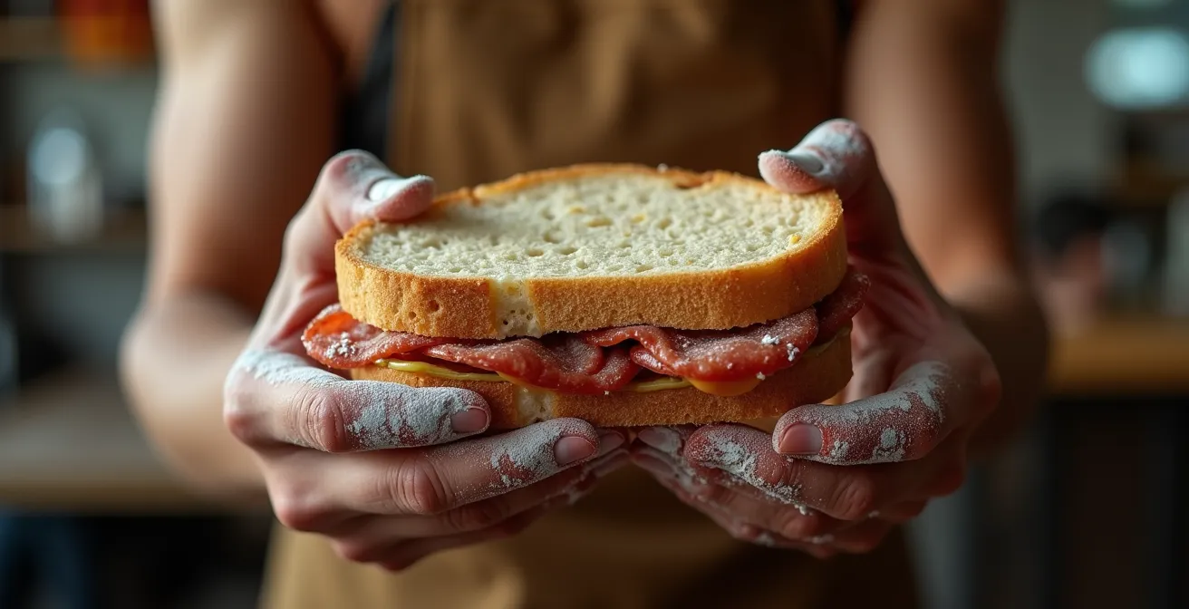 Gros plan sur des mains tenant un sandwich avec magnésie visible
