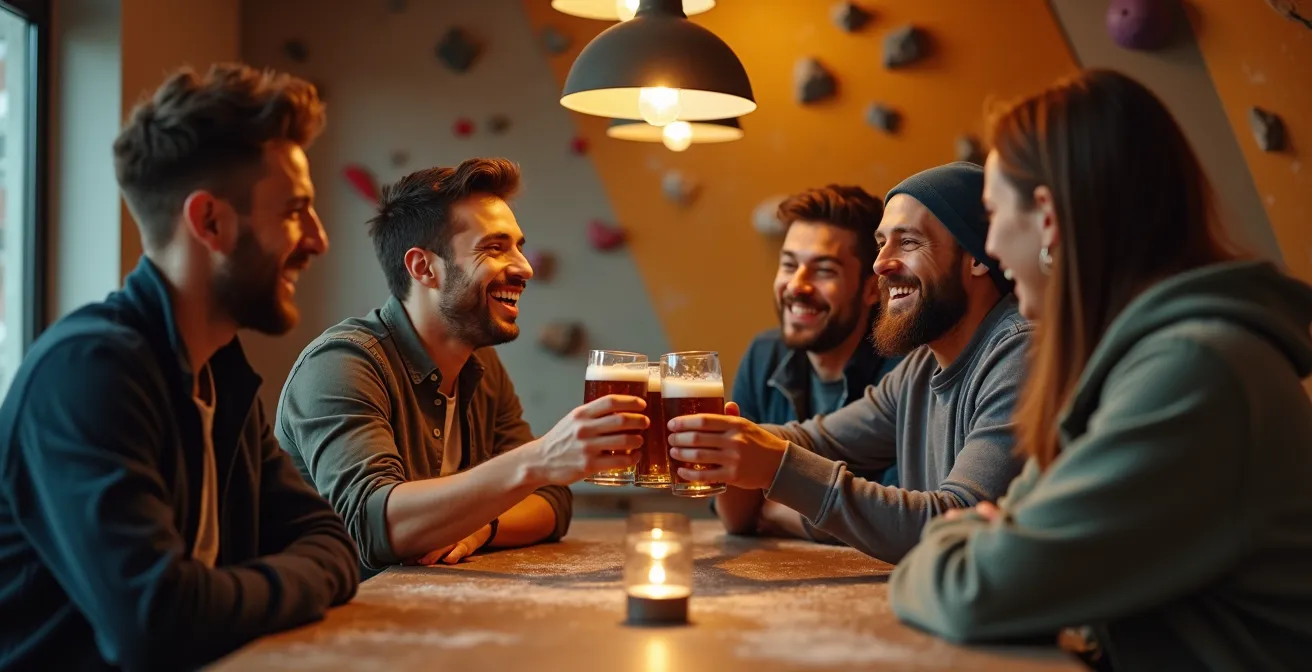 Groupe de grimpeurs partageant un moment convivial autour d'une table après leur session