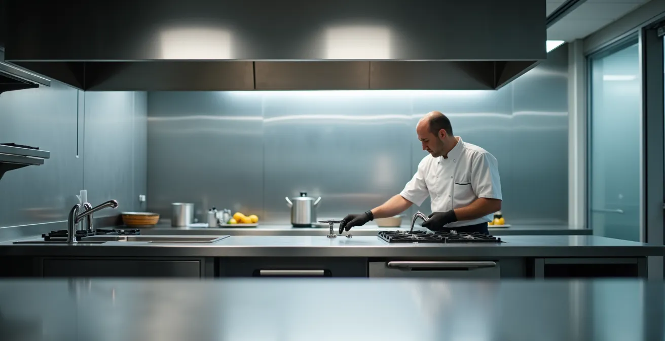 Vue environnementale d'une cuisine ouverte avec murs d'escalade visibles au loin