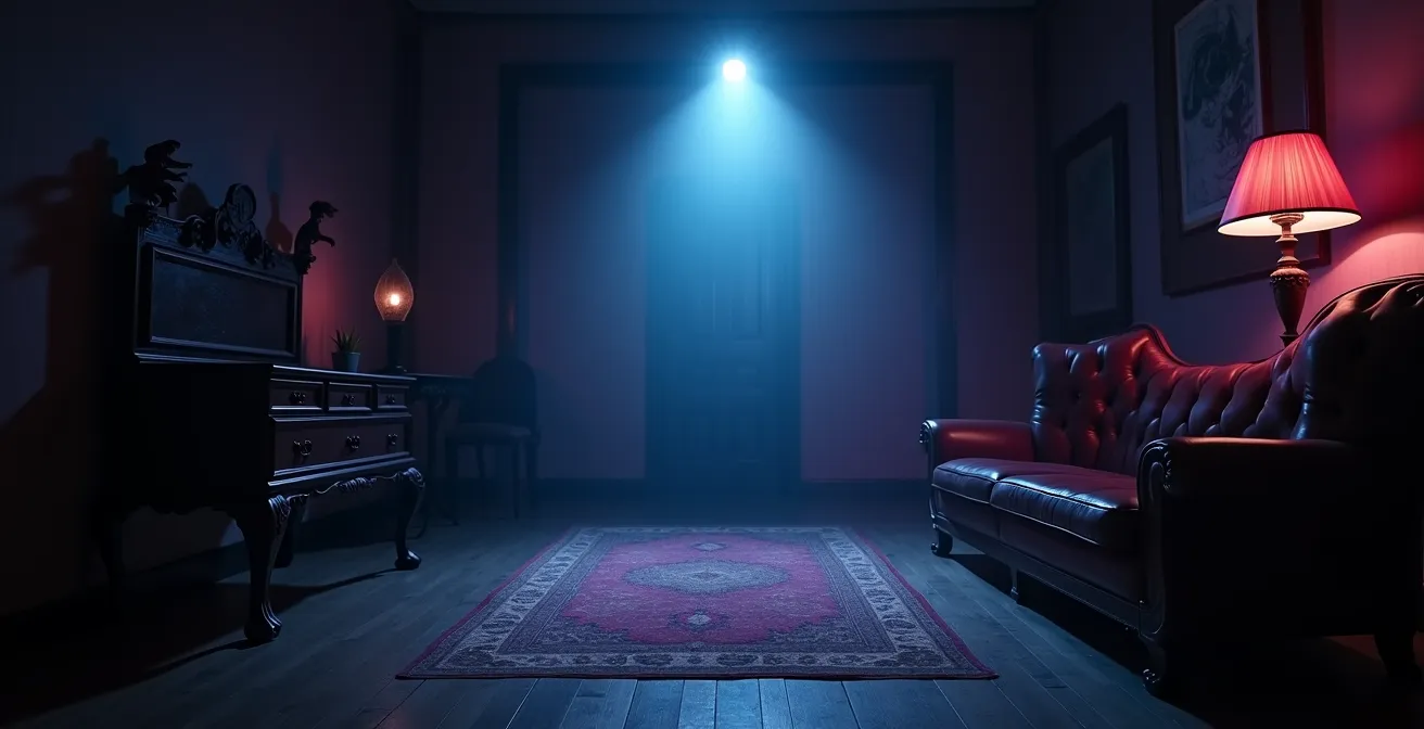 Vue d'ensemble d'un décor d'escape game parisien avec éclairage théâtral et ambiance mystérieuse