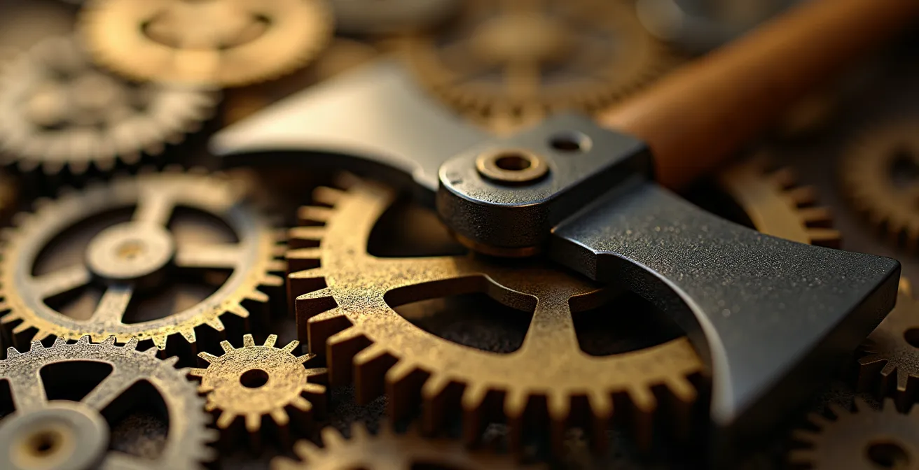 Très gros plan sur des engrenages en laiton d'un mécanisme d'escape game