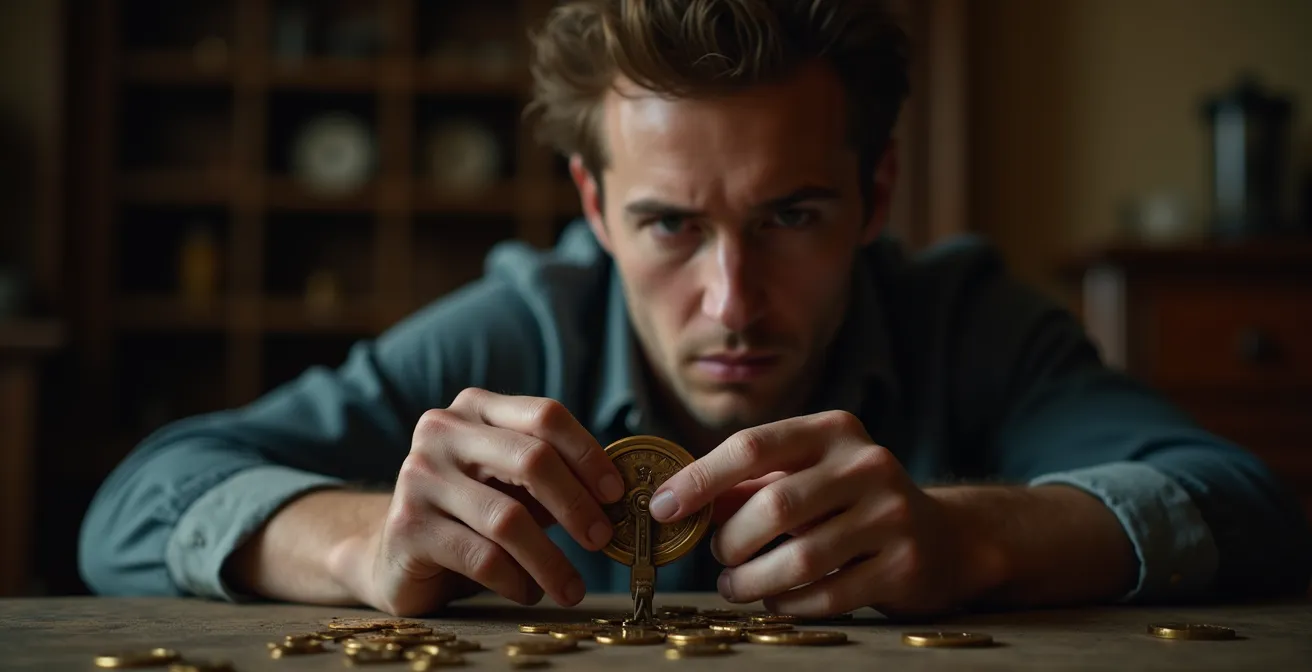 Gros plan sur le visage concentré d'un joueur manipulant un mécanisme complexe dans un escape game