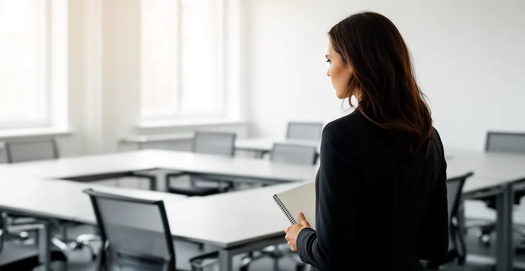 Femme professionnelle observant l'agencement d'une salle modulable vide