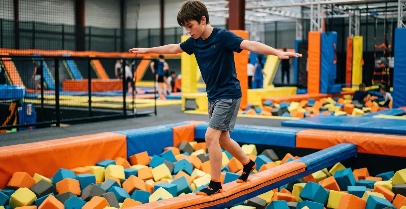 Adolescent traversant une poutre d'équilibre suspendue au-dessus d'une fosse de mousse dans un trampoline park