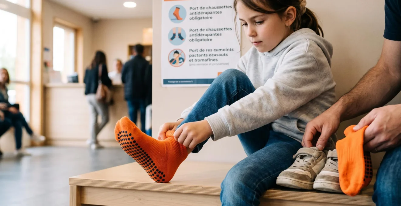 Enfant enfilant des chaussettes antidérapantes obligatoires sur un banc dans la zone d'accueil d'un trampoline park
