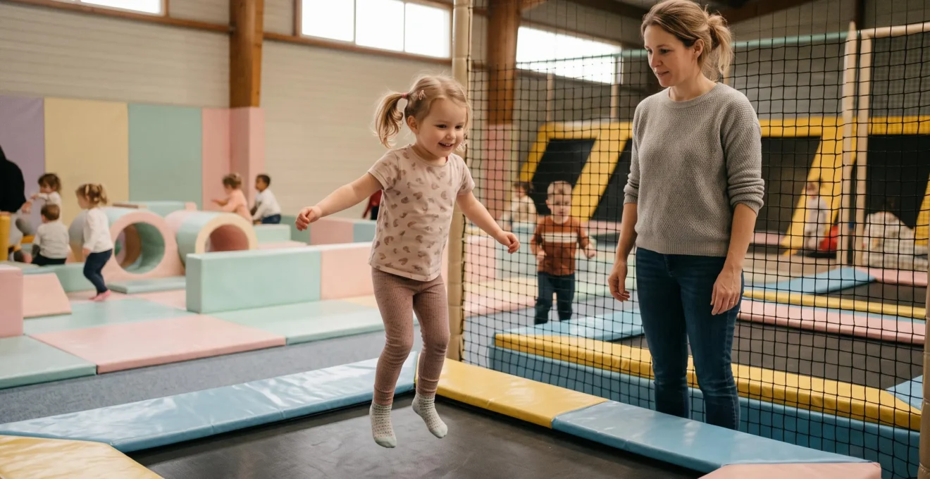 Jeune enfant de 4-5 ans sautant sur un trampoline adapté dans la zone kids sous la supervision d'un parent à proximité