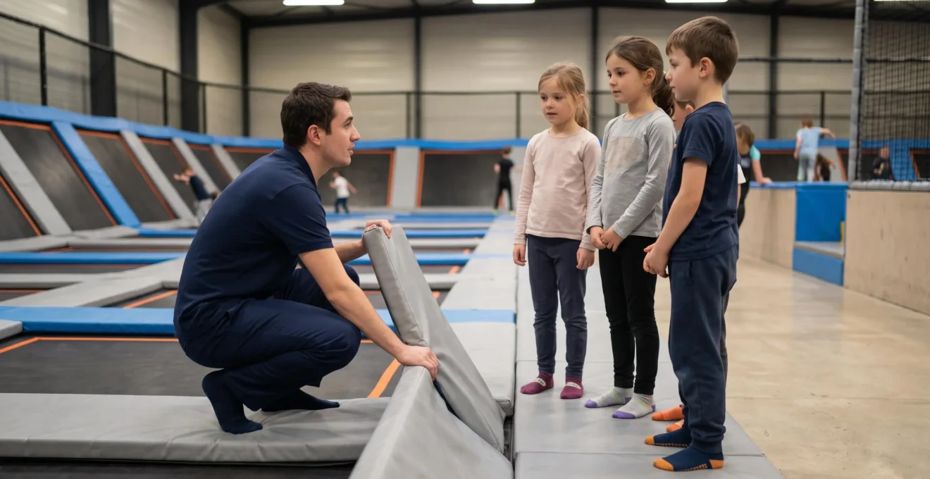 Un membre du personnel d'un trampoline park, accroupi au bord des trampolines, explique les règles de sécurité à un petit groupe d'enfants.