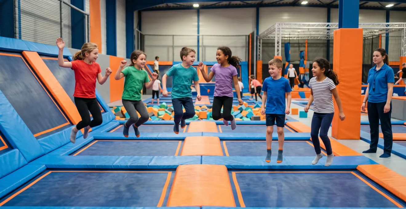 Un groupe d'enfants filles et garçons sautant ensemble sur les trampolines d'un parc de trampoline indoor.