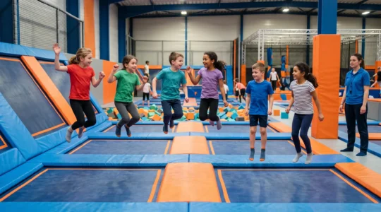 Un groupe d'enfants filles et garçons sautant ensemble sur les trampolines d'un parc de trampoline indoor.