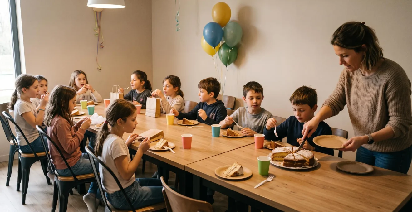 Des enfants assis autour d'une table de goûter d'anniversaire dans la salle privatisée d'un trampoline park, pendant qu'un parent sert le gâteau.